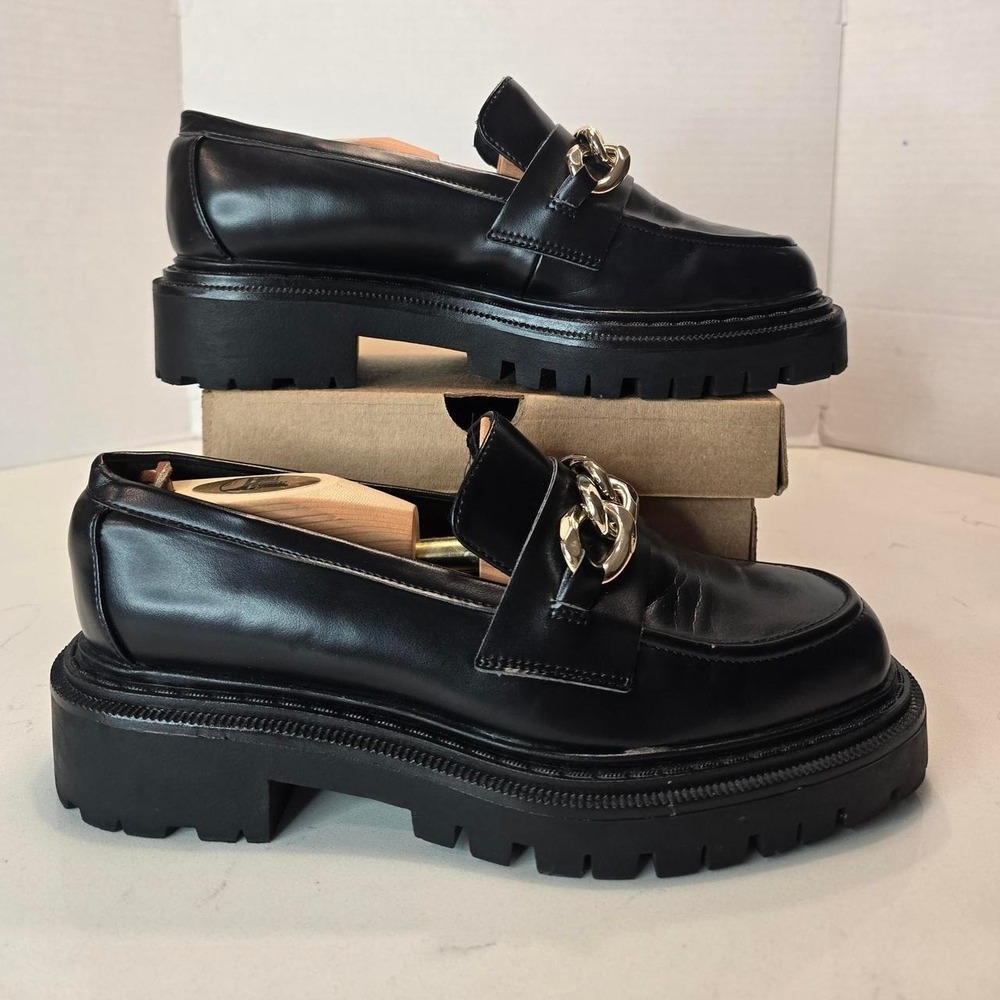 H & M Chunky Platform Loafers Metal Chain Detail Black Preppy Business Womens-10